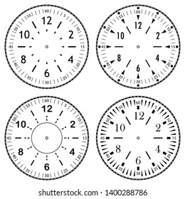 Set of clock faces for house, alarm, table, kitchen, wall, wristwatches or special models for kids. Dials for pocket, stop watches, timer or grandfather clock. Logos for the repair shop or service.