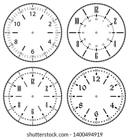 Set of clock faces for house, alarm, table, kitchen, wall, wristwatches or special models for kids. Dials for pocket, stop watches, timer or grandfather clock. Logos for the repair shop or service.
