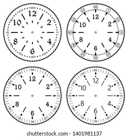 Set of clock faces for house, alarm, table, kitchen, wall, wristwatches or special models for kids. Dials for pocket, stop watches, timer or grandfather clock. Logos for the repair shop or service.