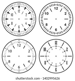 Set of clock faces for house, alarm, table, kitchen, wall, wristwatches or special models for kids. Dials for pocket, stop watches, timer or grandfather clock. Logos for the repair shop or service.
