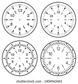 Set of clock faces for house, alarm, table, kitchen, wall, wristwatches or special models for kids. Dials for pocket, stop watches, timer or grandfather clock. Logos for the repair shop or service.