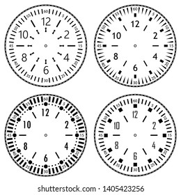 Set of clock faces for house, alarm, table, kitchen, wall, wristwatches or special models for kids. Dials for pocket, stop watches, timer or grandfather clock. Logos for the repair shop or service.