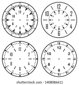 Set of clock faces for house, alarm, table, kitchen, wall, wristwatches or special models for kids. Dials for pocket, stop watches, timer or grandfather clock. Logos for the repair shop or service.