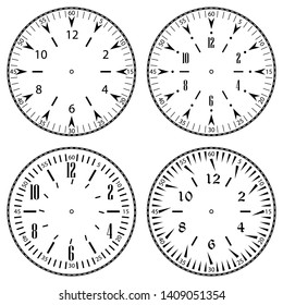 Set of clock faces for house, alarm, table, kitchen, wall, wristwatches or special models for kids. Dials for pocket, stop watches, timer or grandfather clock. Logos for the repair shop or service.