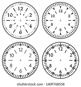 Set of clock faces for house, alarm, table, kitchen, wall, wristwatches or special models for kids. Dials for pocket, stop watches, timer or grandfather clock. Logos for the repair shop or service.