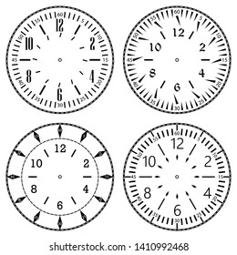 Set of clock faces for house, alarm, table, kitchen, wall, wristwatches or special models for kids. Dials for pocket, stop watches, timer or grandfather clock. Logos for the repair shop or service.