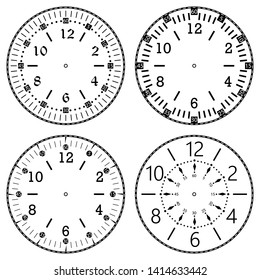 Set of clock faces for house, alarm, table, kitchen, wall, wristwatches or special models for kids. Dials for pocket, stop watches, timer or grandfather clock. Logos for the repair shop or service.