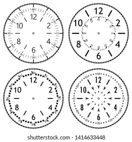 Set of clock faces for house, alarm, table, kitchen, wall, wristwatches or special models for kids. Dials for pocket, stop watches, timer or grandfather clock. Logos for the repair shop or service.