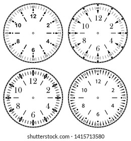 Set of clock faces for house, alarm, table, kitchen, wall, wristwatches or special models for kids. Dials for pocket, stop watches, timer or grandfather clock. Logos for the repair shop or service.