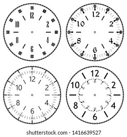 Set of clock faces for house, alarm, table, kitchen, wall, wristwatches or special models for kids. Dials for pocket, stop watches, timer or grandfather clock. Logos for the repair shop or service.