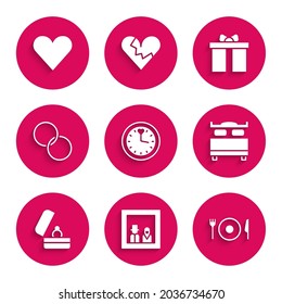 Set Clock, Family photo, Plate, fork and knife, Bedroom, Wedding rings, Gift box and Heart icon. Vector