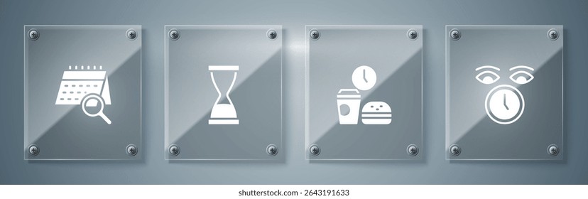 Set Clock, Fast food time, Old hourglass with sand and Calendar search. Square glass panels. Vector