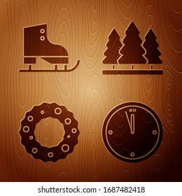 Set Uhren, Schlittschuhe, Weihnachtskranz und Weihnachtsbäume auf Holzhintergrund. Vektorillustration