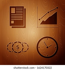 Set Clock, File document, Coin money with dollar symbol and Pie chart infographic on wooden background. Vector