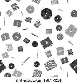 Ajuste el reloj, el documento de archivo y el clip de papel, el bloc de notas y la pluma en un patrón transparente. Vector