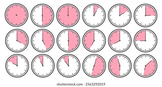 set of clock flat design. one hour,  60 minutes. Countdown timer icons set. Isolated vector illustration.Set of clocks for every hour