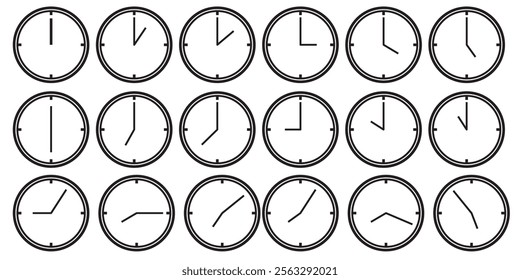 set of clock flat design. one hour,  60 minutes. Countdown timer icons set. Isolated vector illustration.Set of clocks for every hour