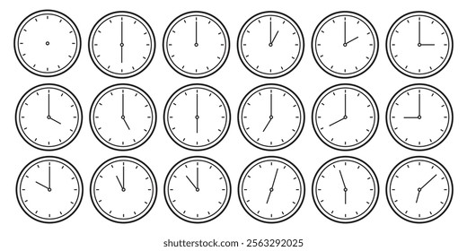 set of clock flat design. one hour,  60 minutes. Countdown timer icons set. Isolated vector illustration.Set of clocks for every hour