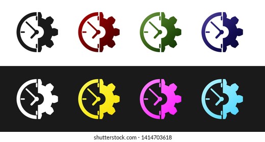 Set Clock and gear icon isolated on black and white background. Time Management symbol. Business concept. Vector Illustration