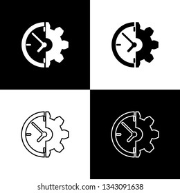 Set Clock and gear icons isolated on black and white background. Time Management symbol. Business concept. Line, outline and linear icon. Vector Illustration