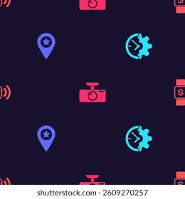 Set Clock and gear, Location with star, Car DVR and Contactless payment on seamless pattern. Vector