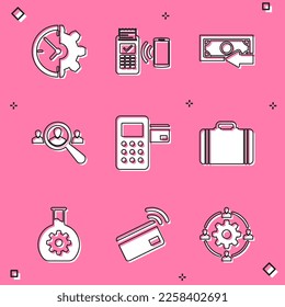 Set Clock and gear, POS terminal, Cash back, Magnifying glass for search people, Pos and Suitcase travel icon. Vector