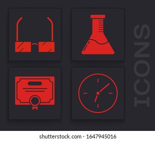 Set Clock, Glasses, Test tube and flask chemical laboratory and Certificate template icon. Vector