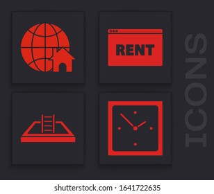 Set Clock, Globe with house symbol, Hanging sign with text Online Rent and Swimming pool with ladder icon. Vector