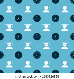 Set Clock and Graduate and graduation cap on seamless pattern. Vector