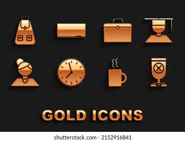 Set Clock, Graduate and graduation cap, Award cup, Coffee, Teacher, Briefcase, School backpack and Chalkboard icon. Vector
