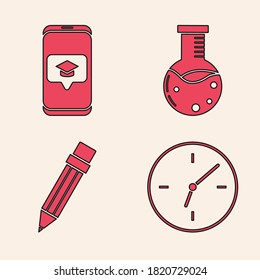Set Clock, Graduation cap on screen smartphone, Test tube and flask chemical laboratory and Pencil with eraser icon. Vector