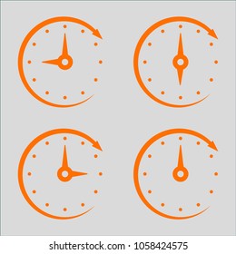 Set clock, hands at different times, in orange, vector illustration
