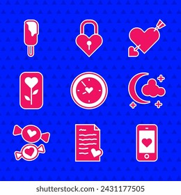 Set Clock with heart, Envelope Valentine, Mobile, Moon and stars, Candy, Flower rose, Amour arrow and Ice cream icon. Vector
