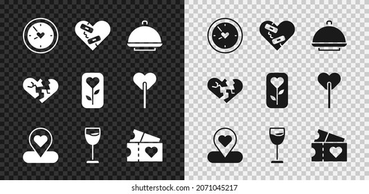 Set Clock with heart, Healed broken, Covered tray, Location, Wine glass, Love ticket, Broken or divorce and Flower rose icon. Vector