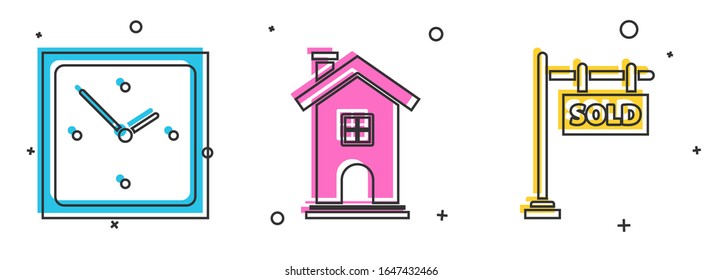 Set Clock, Home symbol and Hanging sign with text Sold icon. Vector