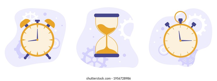 Set von Uhr, Stundenglas und Stoppuhr. Flache Vektorgrafik. Zeitkontrollkonzept