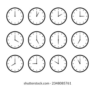 Juego de iconos de reloj para cada hora. Reloj de 12 horas. Icono de reloj Ilustración vectorial