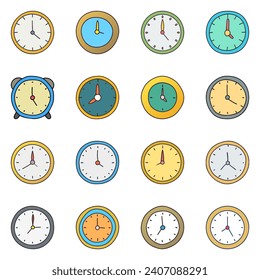 Juego de icono de reloj. Diseño vectorial de doodle dibujado a mano.