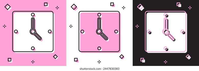 Set Clock icon isolated on pink and white, black background. Time symbol.  Vector