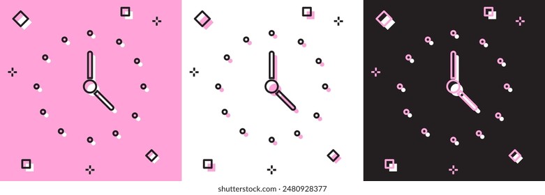 Set Clock icon isolated on pink and white, black background. Time symbol.  Vector