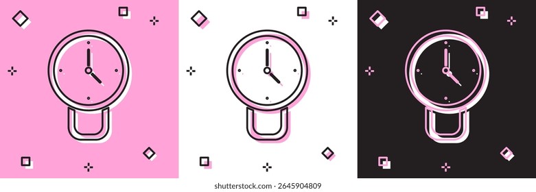 Set Clock icon isolated on pink and white, black background. Time symbol.  Vector