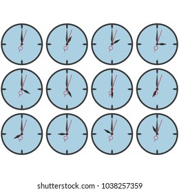 set of clock icons with arrows and different times