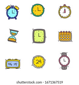 Set of clock icons in colorful doodle hand drawn style isolated on white background 