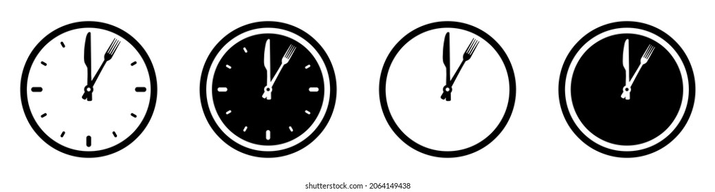 Set of clock icons with cutlery. Business lunch symbols, lunch break. Clock with fork and knife. Vector illustration.