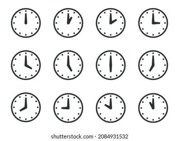 Set of clock icons for every hour, time signs