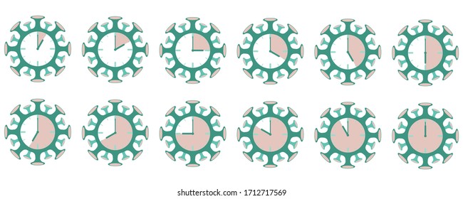 Conjunto de iconos de reloj en forma de coronavirus.Reloj electrónico. Mostrar tiempos diferentes.
