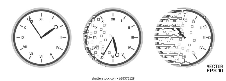 Set of Clock Icons Isolated on White Background. Destructive of Time. Flat Design for Your Business Project. Vector Illustration