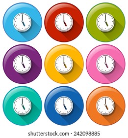 Set of clock icons on different color background