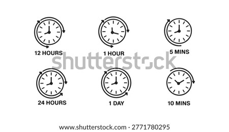 Set of clock icons representing various time intervals: 12 hours, 1 hour, 5 minutes, 24 hours, 1 day, 10 minutes. Time management concept.