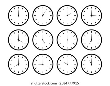 Set of clock icons. Round clocks faces with different time. Time graphic symbol isolated on a white background. Watch face flat graphic illustration.